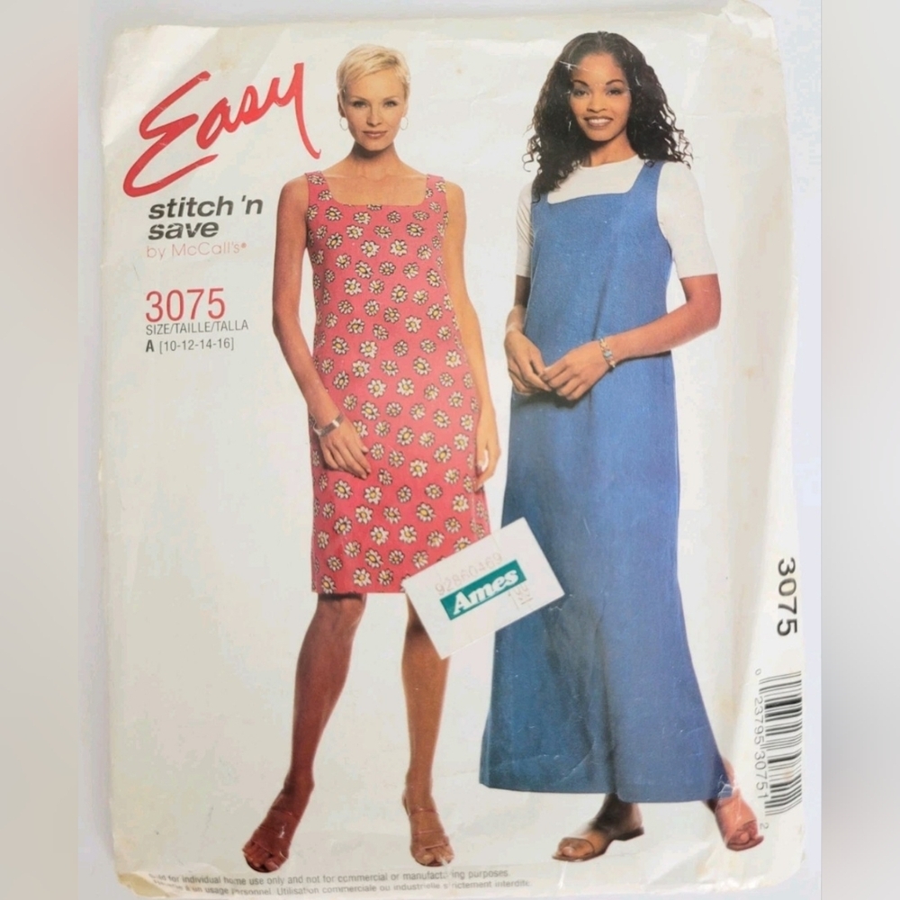 McCall’s Easy 3075 Dress / Jumper Size: A 10-12-14-16 Sewing Pattern - UNCUT